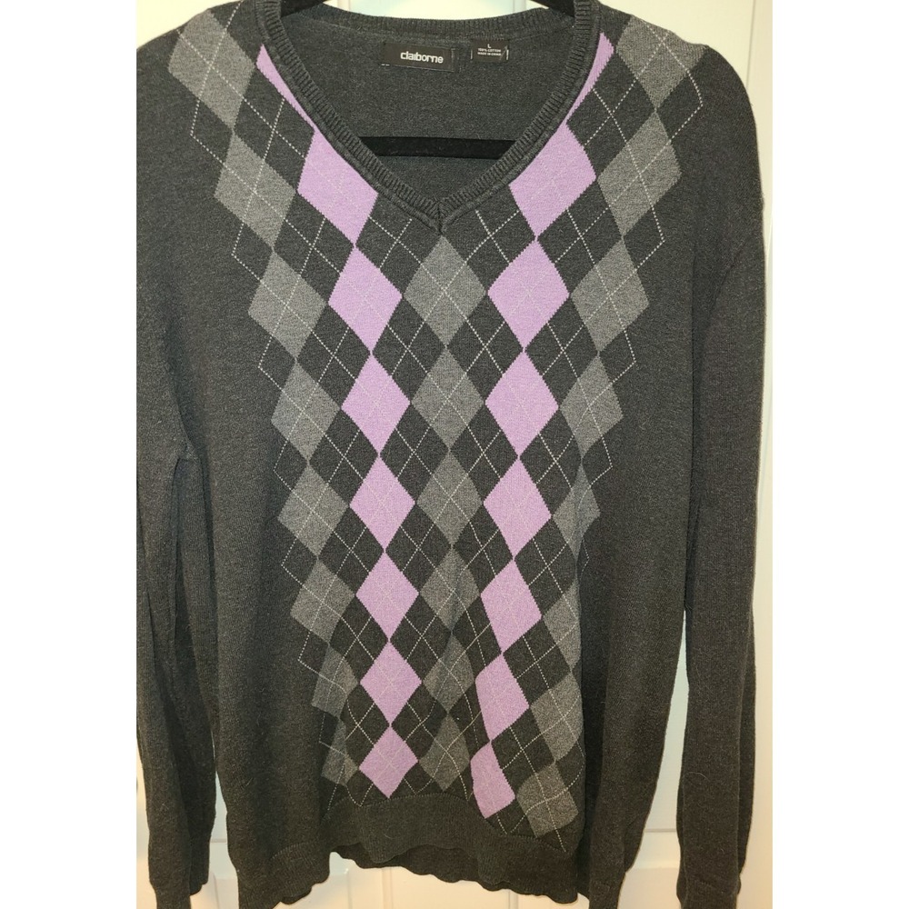 Claiborne Mens Cotton Dark Gray and Purple‎ Argyle Sweater Size L V Neck
